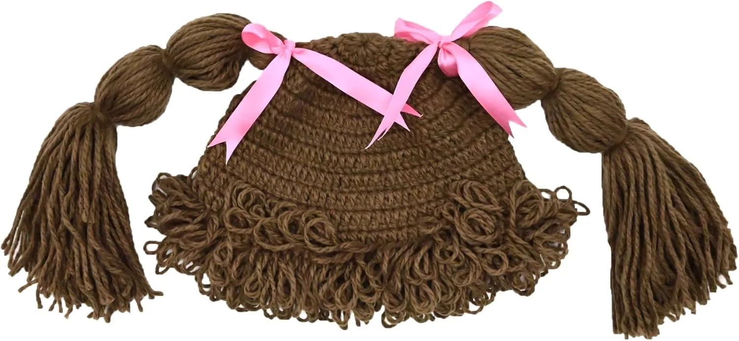 BIBITIME Knitted Pigtail Wig Beanie Handmade Women Girl's Braid Hat Bowknot Cap