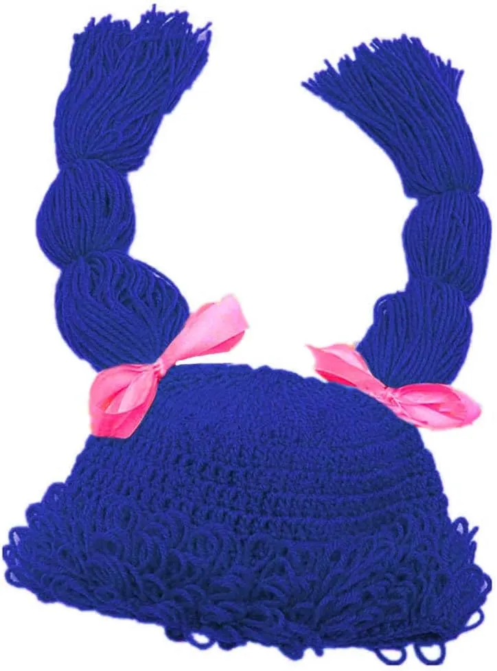 BIBITIME Knitted Pigtail Wig Beanie Handmade Women Girl's Braid Hat Bowknot Cap