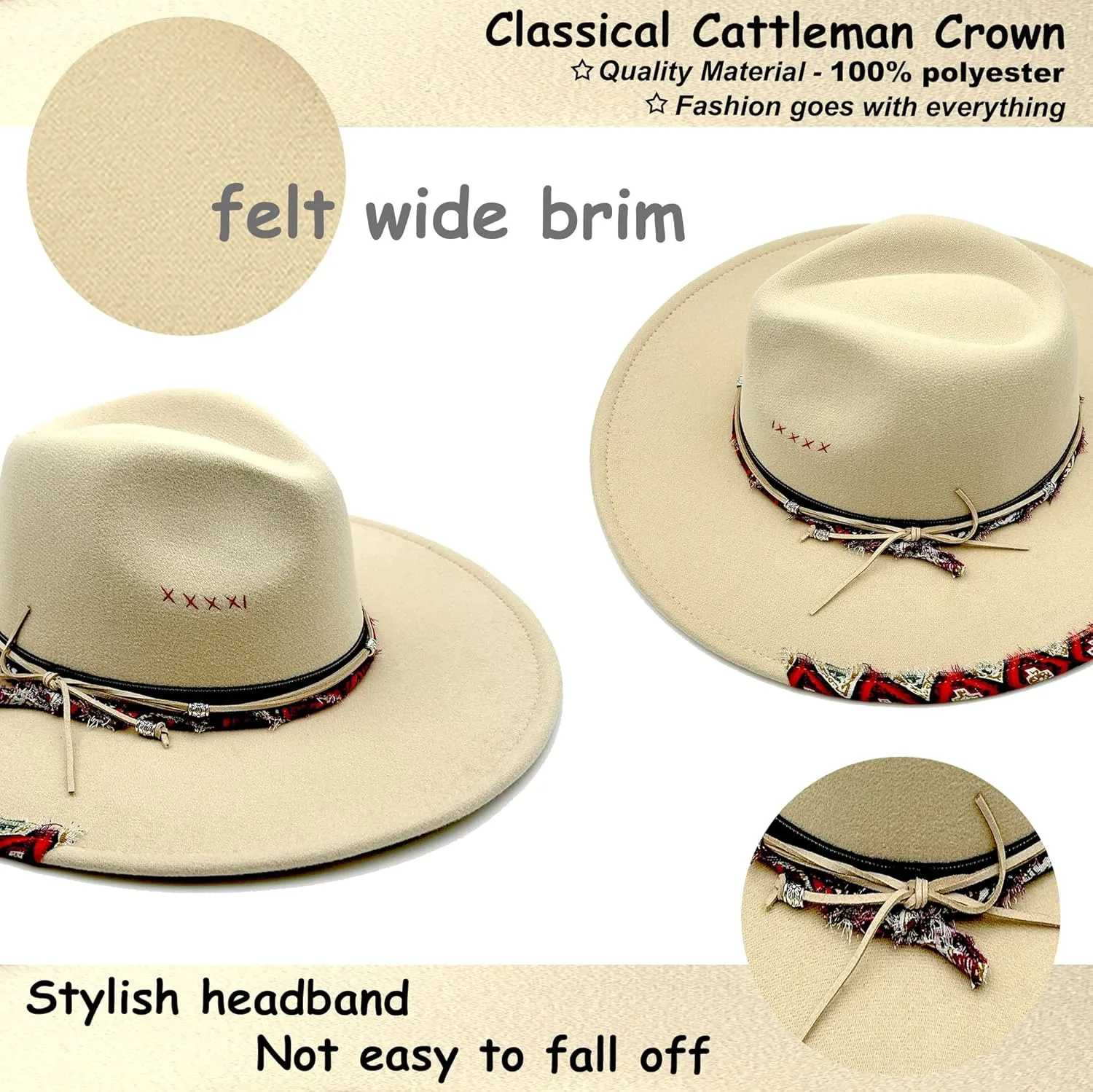 Big Wide Brim Fedora Hat for Women Man Felt Panama Hat with Band Western Outdoor hat