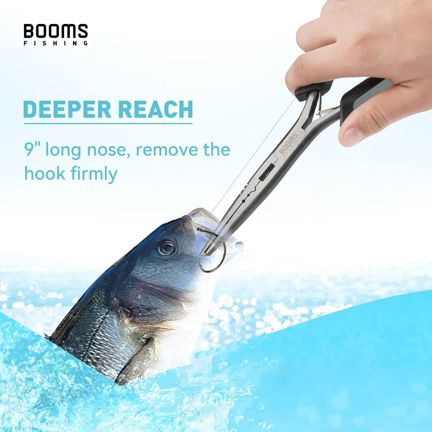 Booms Fishing F03 Needle Nose Fishing Pliers, 9" Fisherman's Pliers, Long Nose Hook Remover, Saltwater Resistant Fishing Gear, Gray