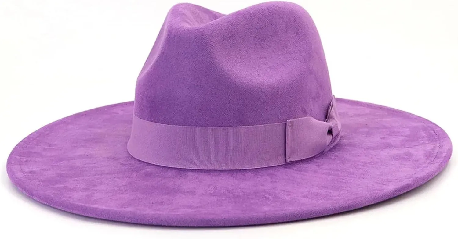 Bow Accessories Suede Top Hat Women Men Big Flat Brim Jazz Fedora Hats
