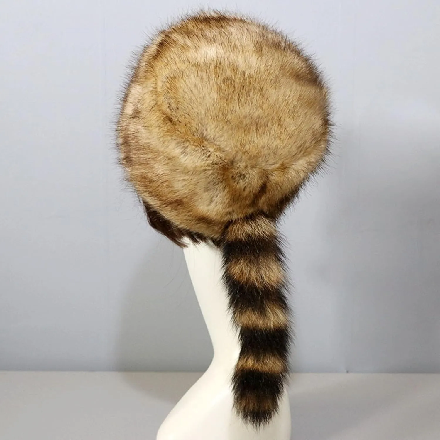Cossack Style Faux Fur Raccoon Tail Coonskin Cap, Round Flat Top Boone Hat Raccoon Tail Hats for Winter