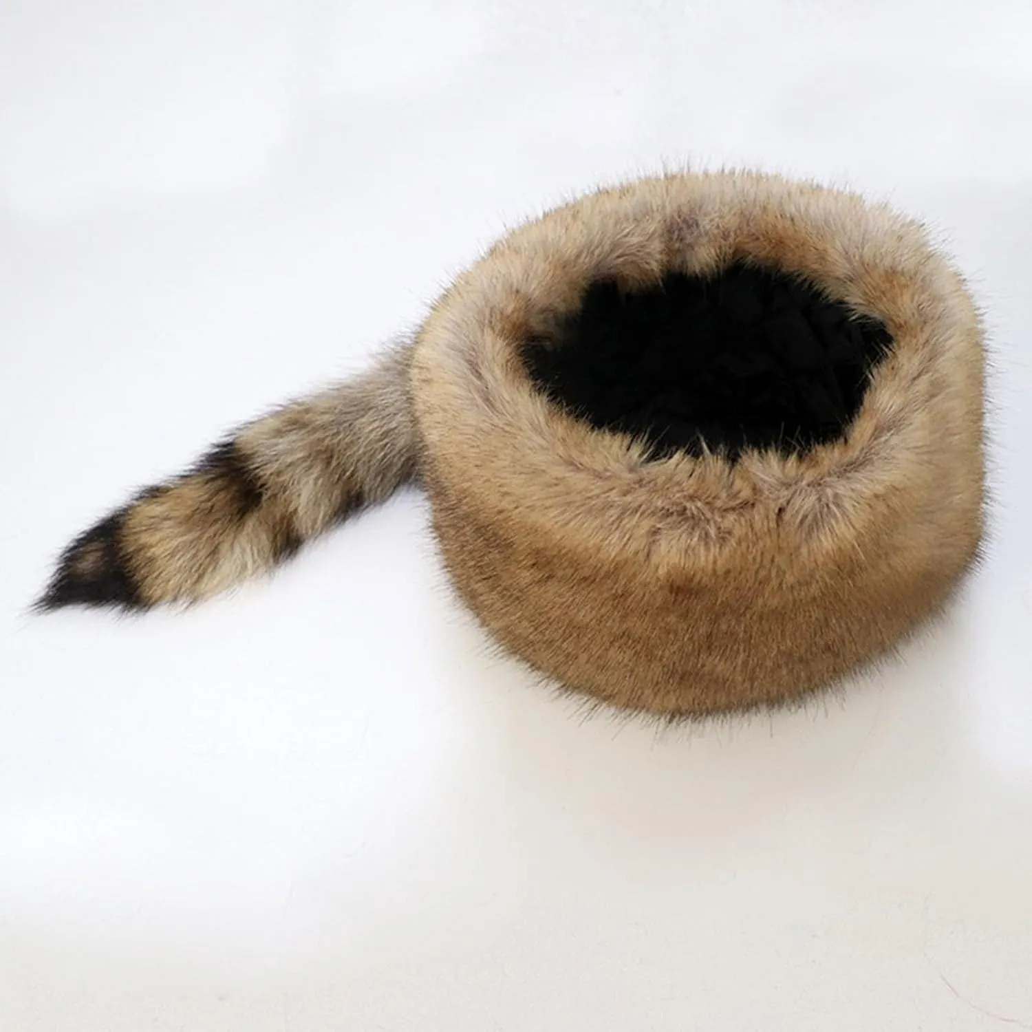 Cossack Style Faux Fur Raccoon Tail Coonskin Cap, Round Flat Top Boone Hat Raccoon Tail Hats for Winter