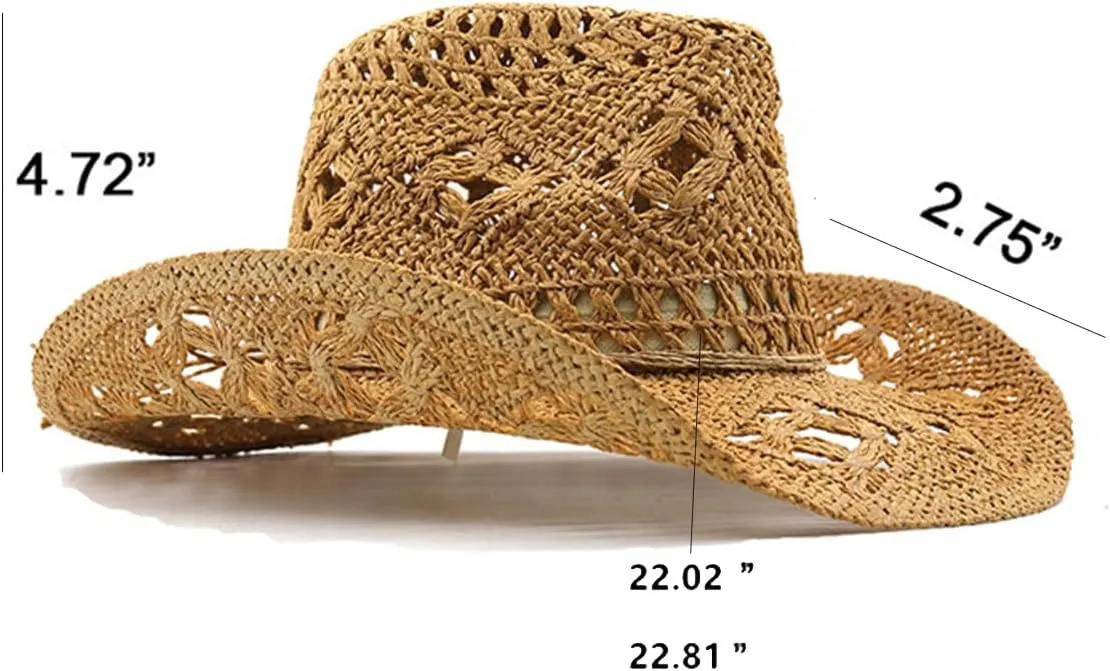 Cowgirl Hat,Straw Cowgirl Hat,Cowgirl Straw Hats for Women,for Beach, Travel and Outdoor,Designed to Fit 22.83 Inch Head