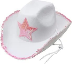 GiftExpress White Felt Cowgirl Hat with Pink Sequin Star, Country Themed Party Cowboy Dressup Play Costume Hat For Teens & Adults