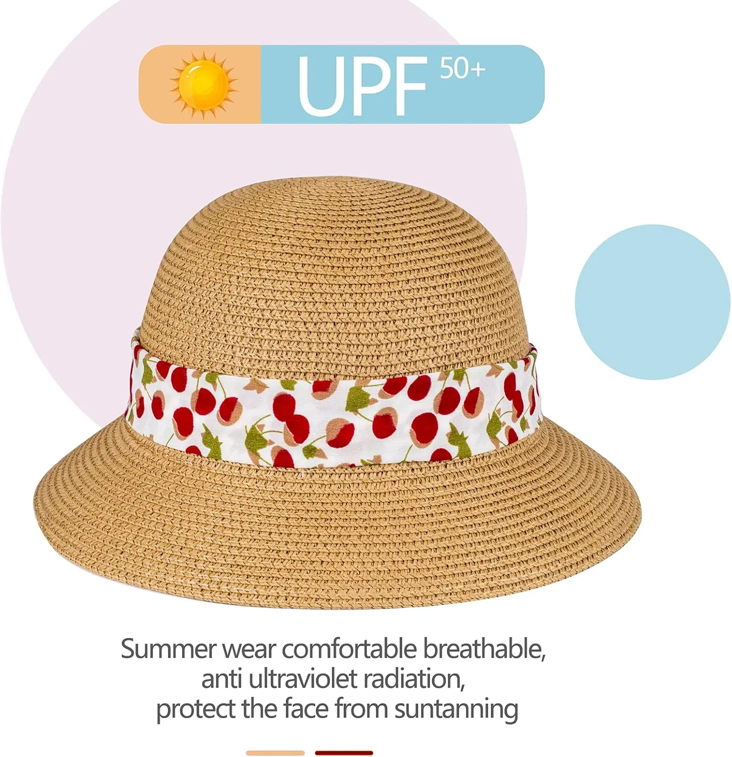 Girls Sun Straw Hat Kids Summer Beach Packable Hats Cute Floppy Cap Adjustable Size with Chin Strap for 5-10 Years