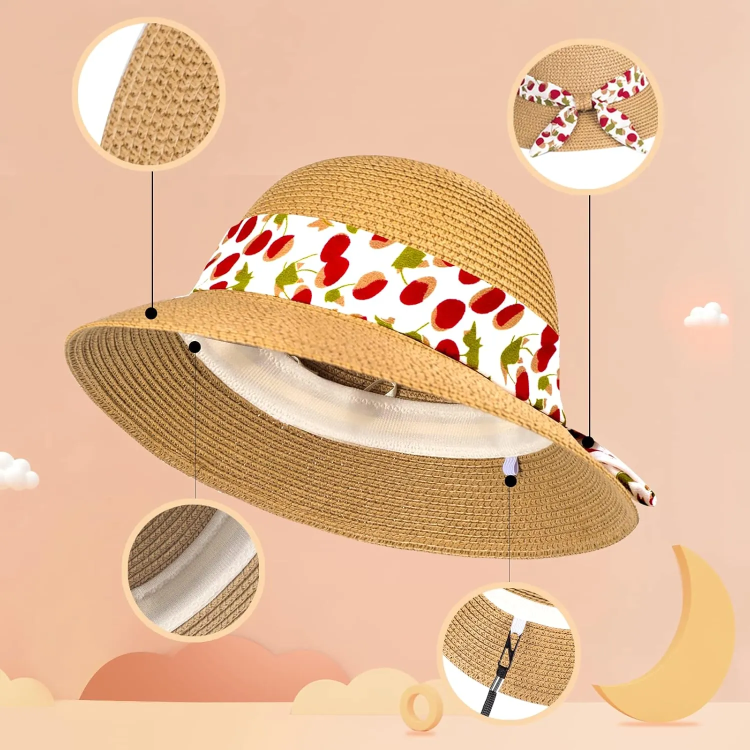 Girls Sun Straw Hat Kids Summer Beach Packable Hats Cute Floppy Cap Adjustable Size with Chin Strap for 5-10 Years