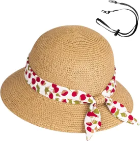 Girls Sun Straw Hat Kids Summer Beach Packable Hats Cute Floppy Cap Adjustable Size with Chin Strap for 5-10 Years
