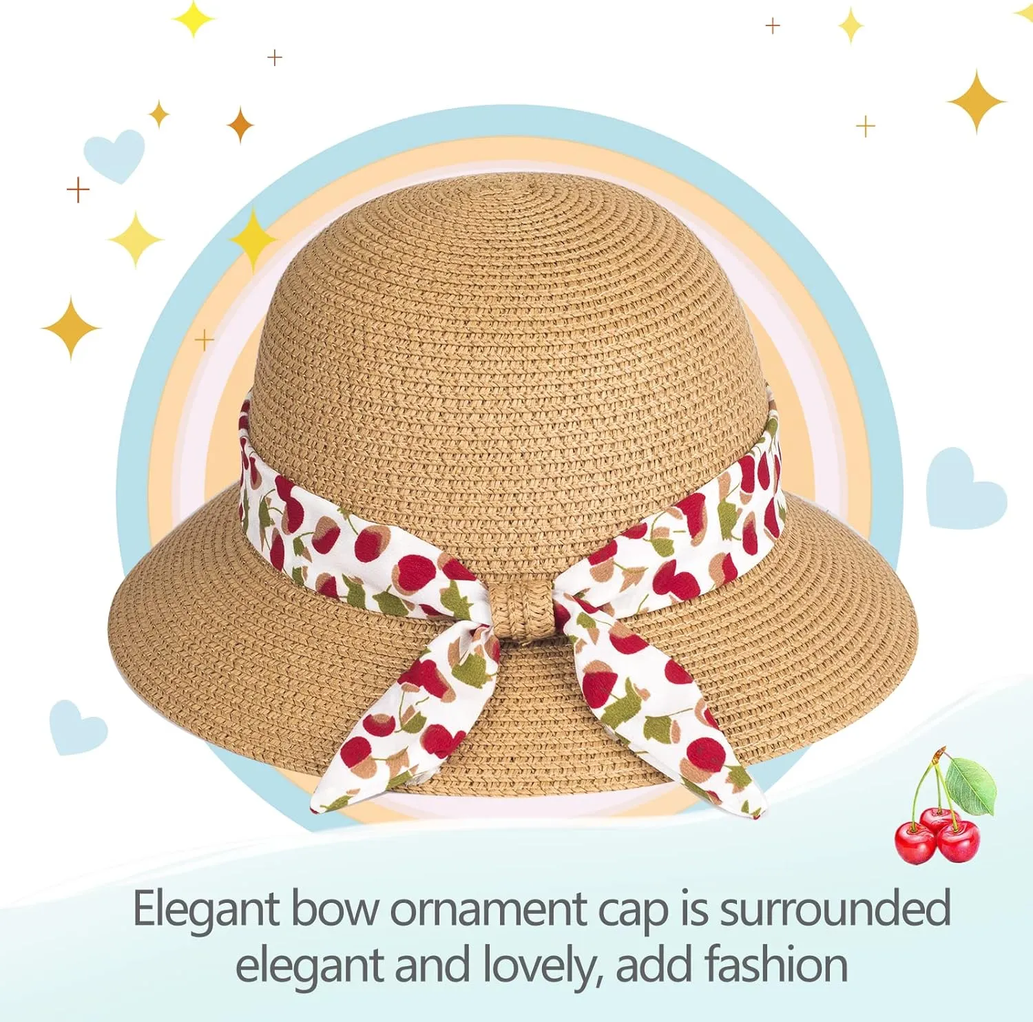 Girls Sun Straw Hat Kids Summer Beach Packable Hats Cute Floppy Cap Adjustable Size with Chin Strap for 5-10 Years
