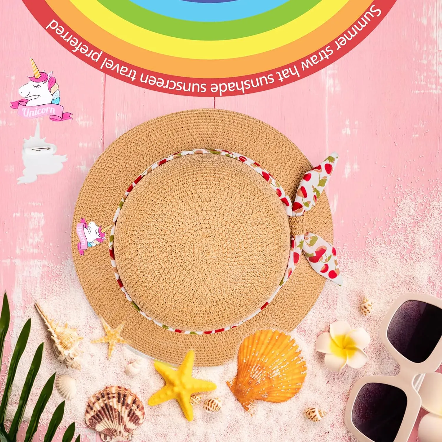 Girls Sun Straw Hat Kids Summer Beach Packable Hats Cute Floppy Cap Adjustable Size with Chin Strap for 5-10 Years