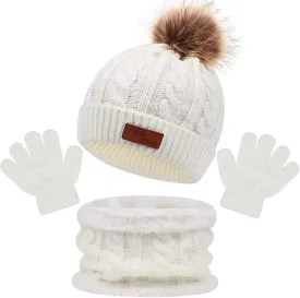 Kids Winter Hats Scarf Gloves Set Toddler Winter Hat Knit Gloves Neck Warmer with Fleece Lined for Children 2-5 Years