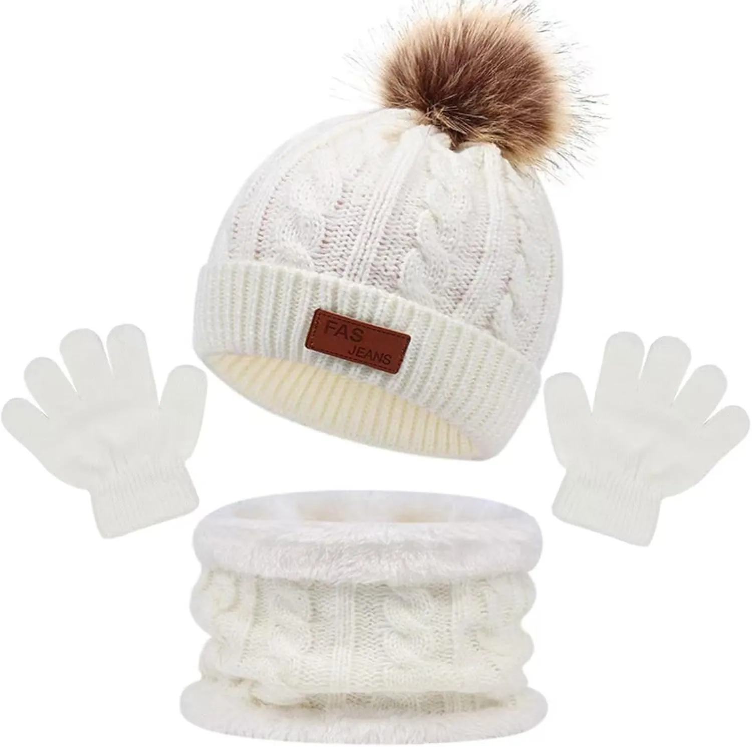 Kids Winter Hats Scarf Gloves Set Toddler Winter Hat Knit Gloves Neck Warmer with Fleece Lined for Children 2-5 Years
