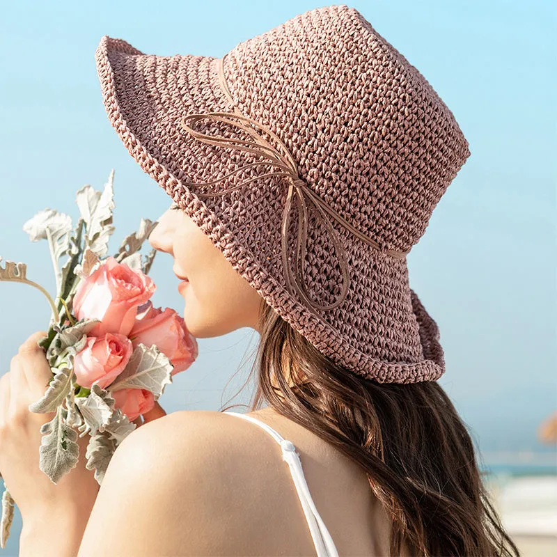 Ladies Sun Hat For Women Bowknot Raffia Straw Hat Foldable Summer Hat