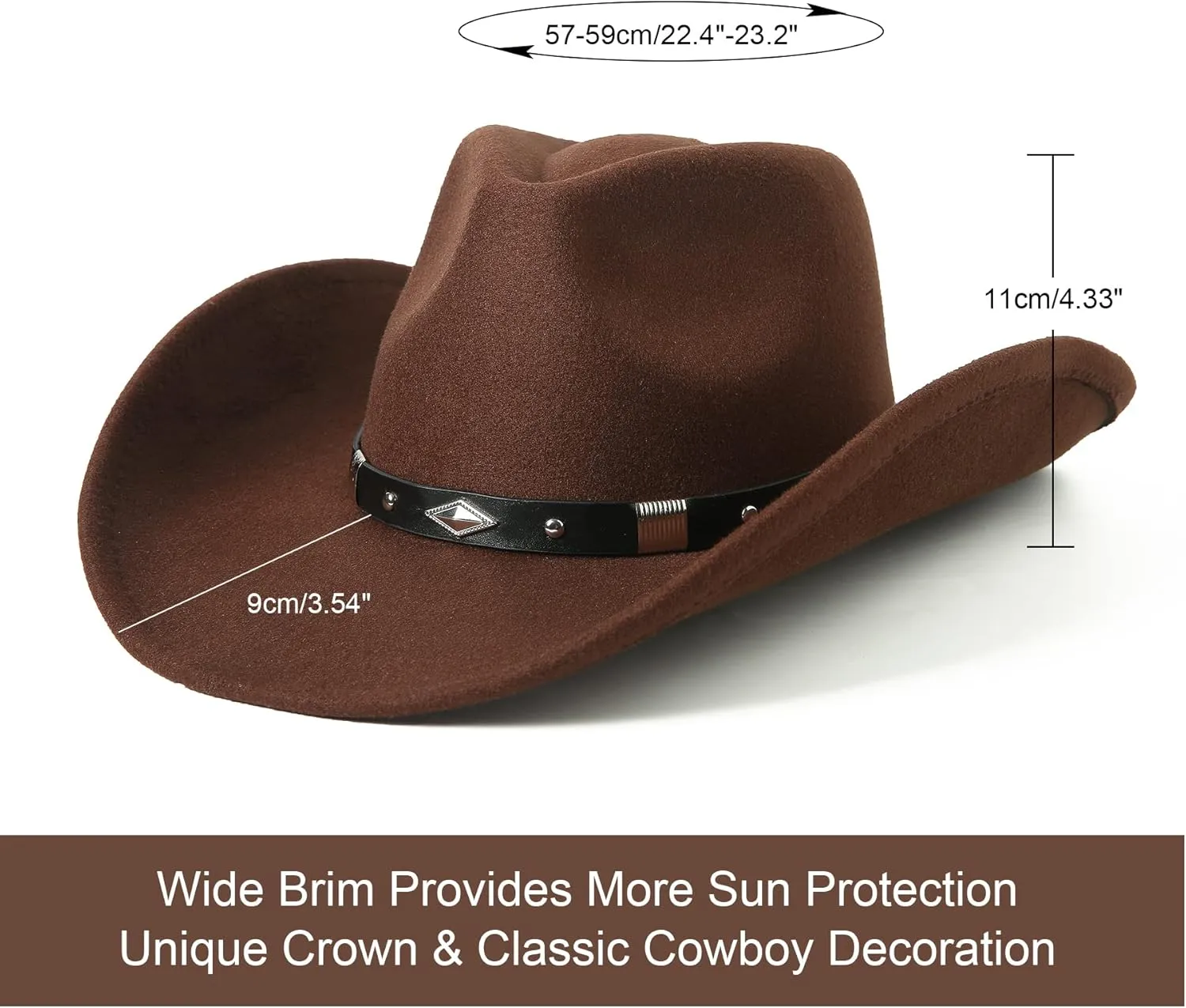 Lanzom Women Men Classic Felt Wide Brim Western Cowboy Cowgirl Hat with Belt Buckle