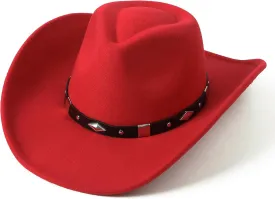 Lanzom Women Men Classic Felt Wide Brim Western Cowboy Cowgirl Hat with Belt Buckle