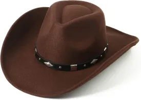 Lanzom Women Men Classic Felt Wide Brim Western Cowboy Cowgirl Hat with Belt Buckle