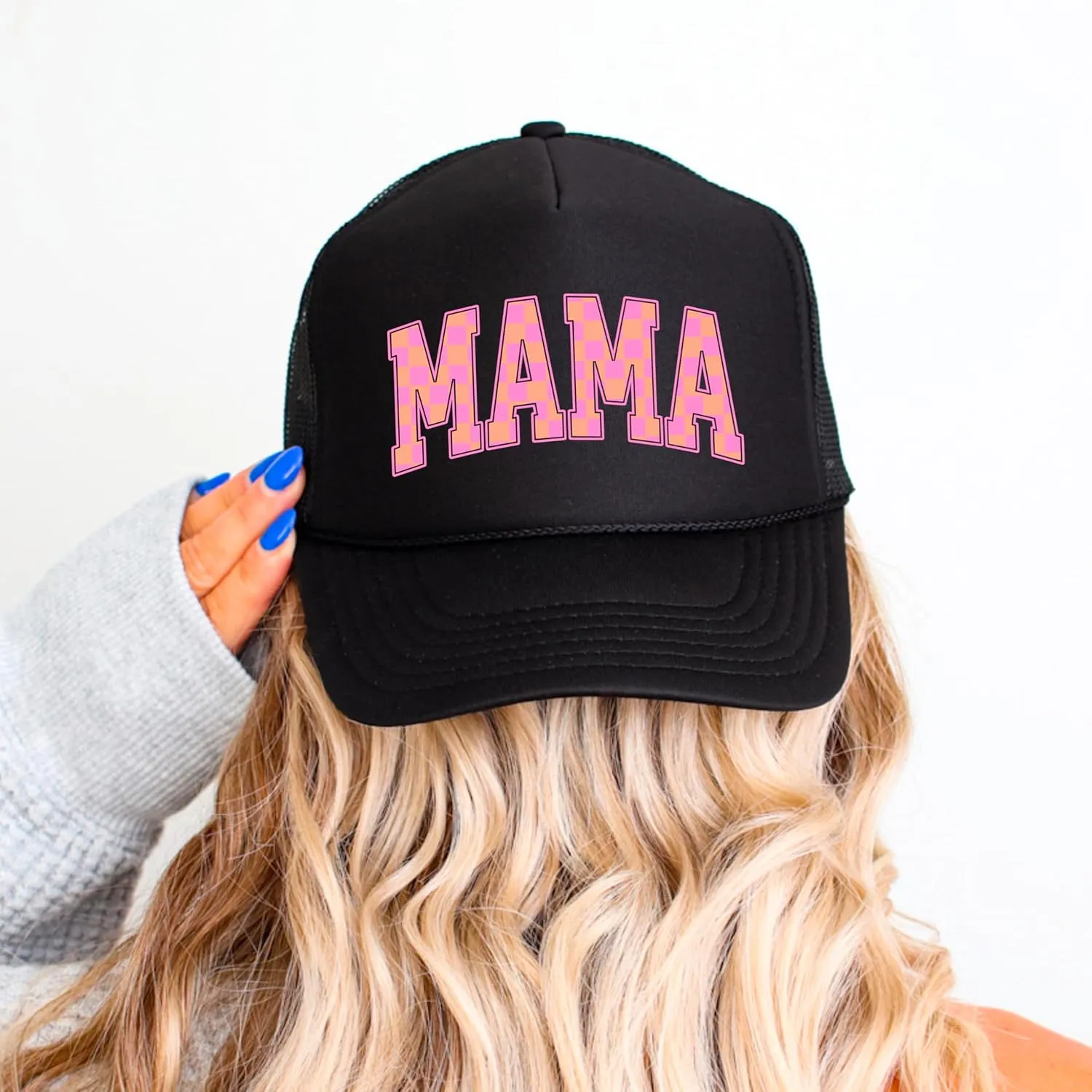 Mama Trucker Hat for Women Trendy Orange & Pink Checkered Foam Front Classic 5 Panel Mesh Snapback
