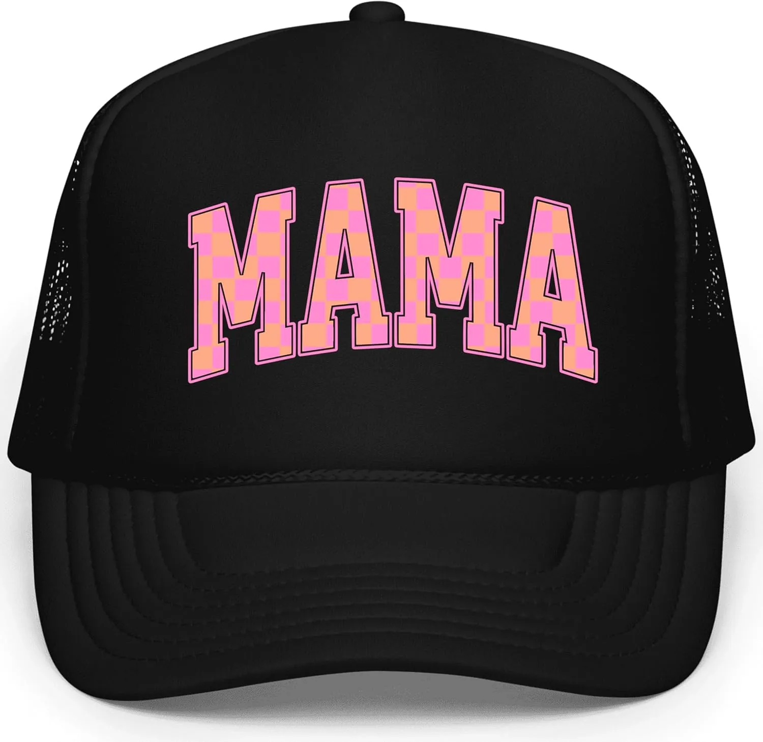 Mama Trucker Hat for Women Trendy Orange & Pink Checkered Foam Front Classic 5 Panel Mesh Snapback