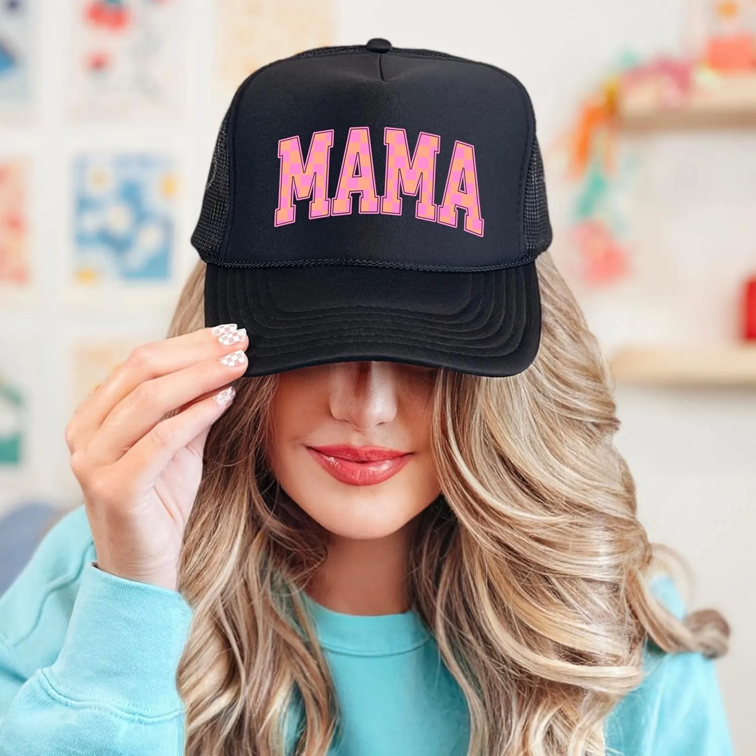 Mama Trucker Hat for Women Trendy Orange & Pink Checkered Foam Front Classic 5 Panel Mesh Snapback