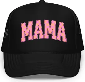 Mama Trucker Hat for Women Trendy Orange & Pink Checkered Foam Front Classic 5 Panel Mesh Snapback