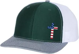 Men's Christian American Flag Filled Cross Jesus Patriotic Embroidered Mesh Back Trucker Hat