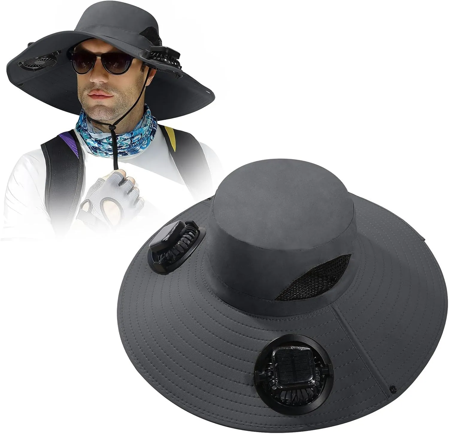 Outdoor Wide Brim Sun Hat with 2 Solar Fan - 2025 Sun Bucket Hat for Men&Women, UPF 50  Bucket Fishing Beach Hat Fan Built in