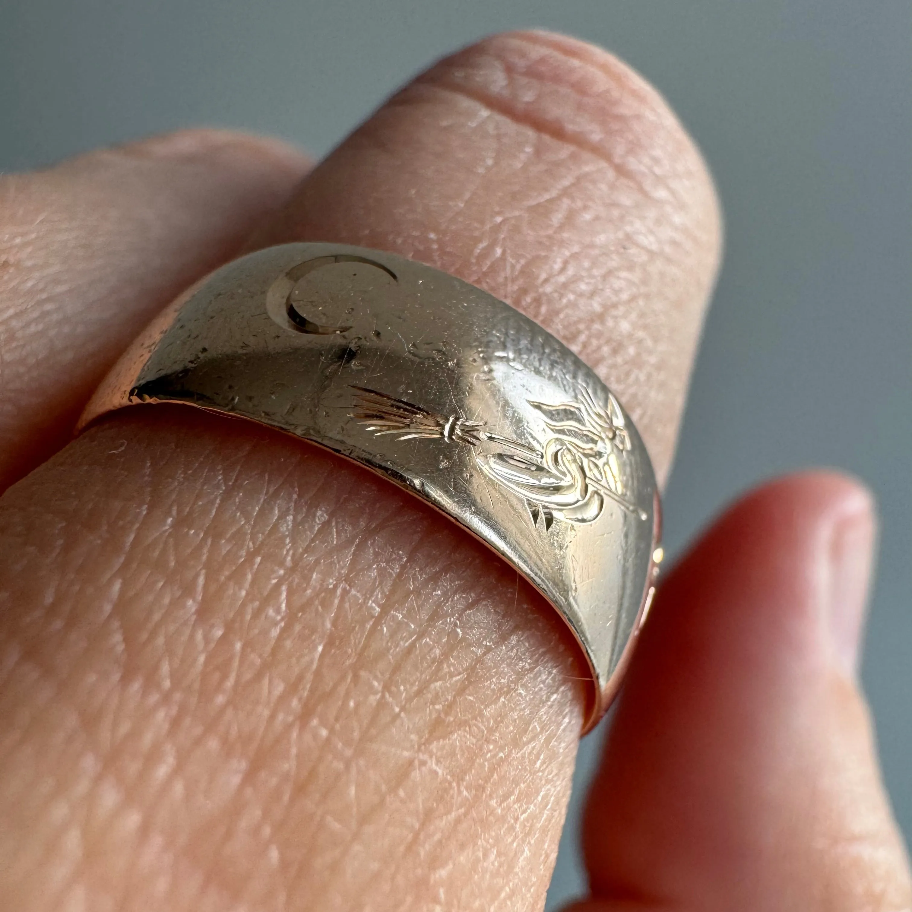 reimagined A N T I Q U E // the best witch / 14k rosy antique band with a witch flying on a broom / size 7.25ish