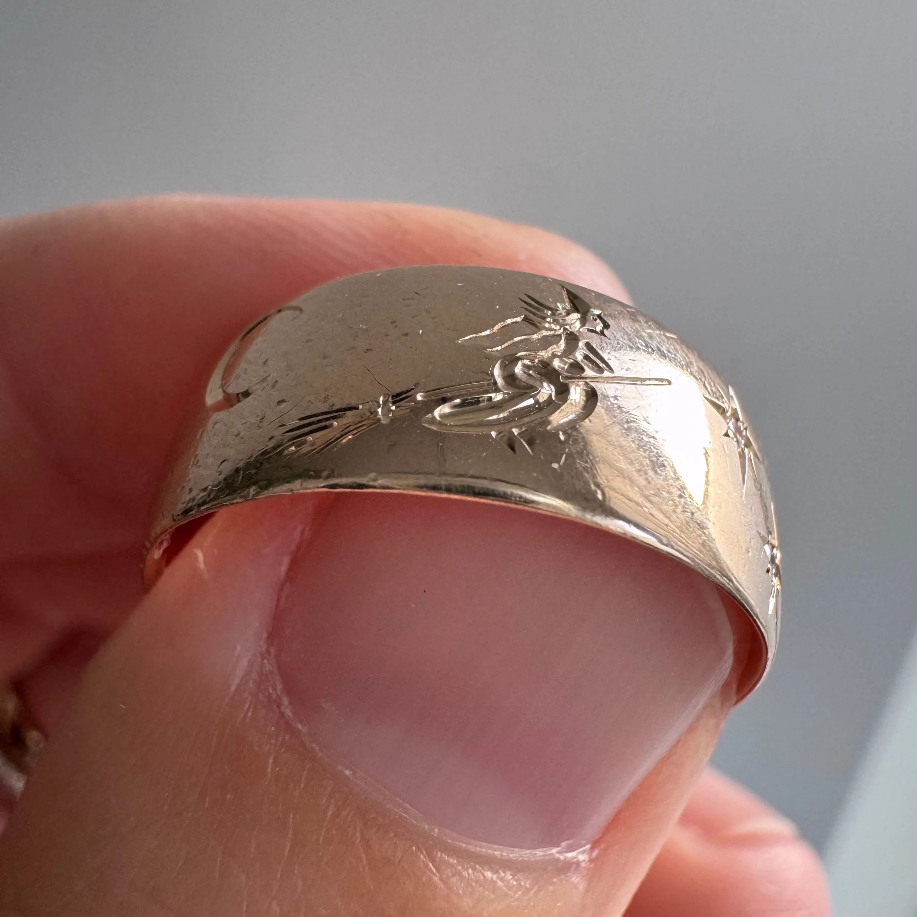 reimagined A N T I Q U E // the best witch / 14k rosy antique band with a witch flying on a broom / size 7.25ish
