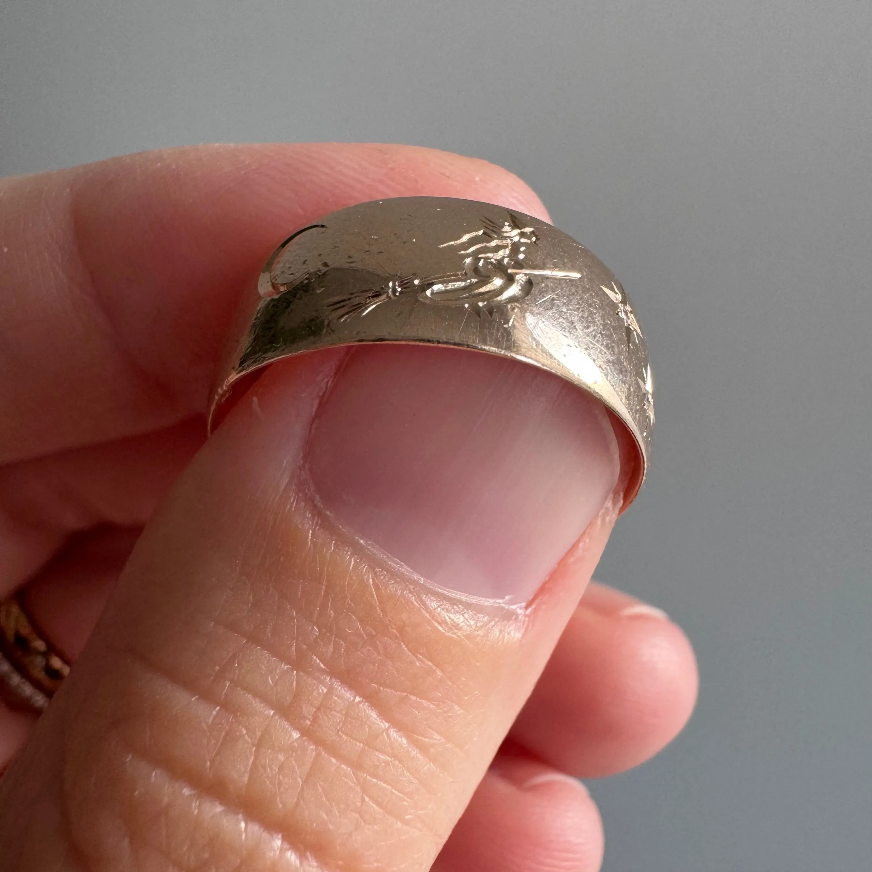reimagined A N T I Q U E // the best witch / 14k rosy antique band with a witch flying on a broom / size 7.25ish
