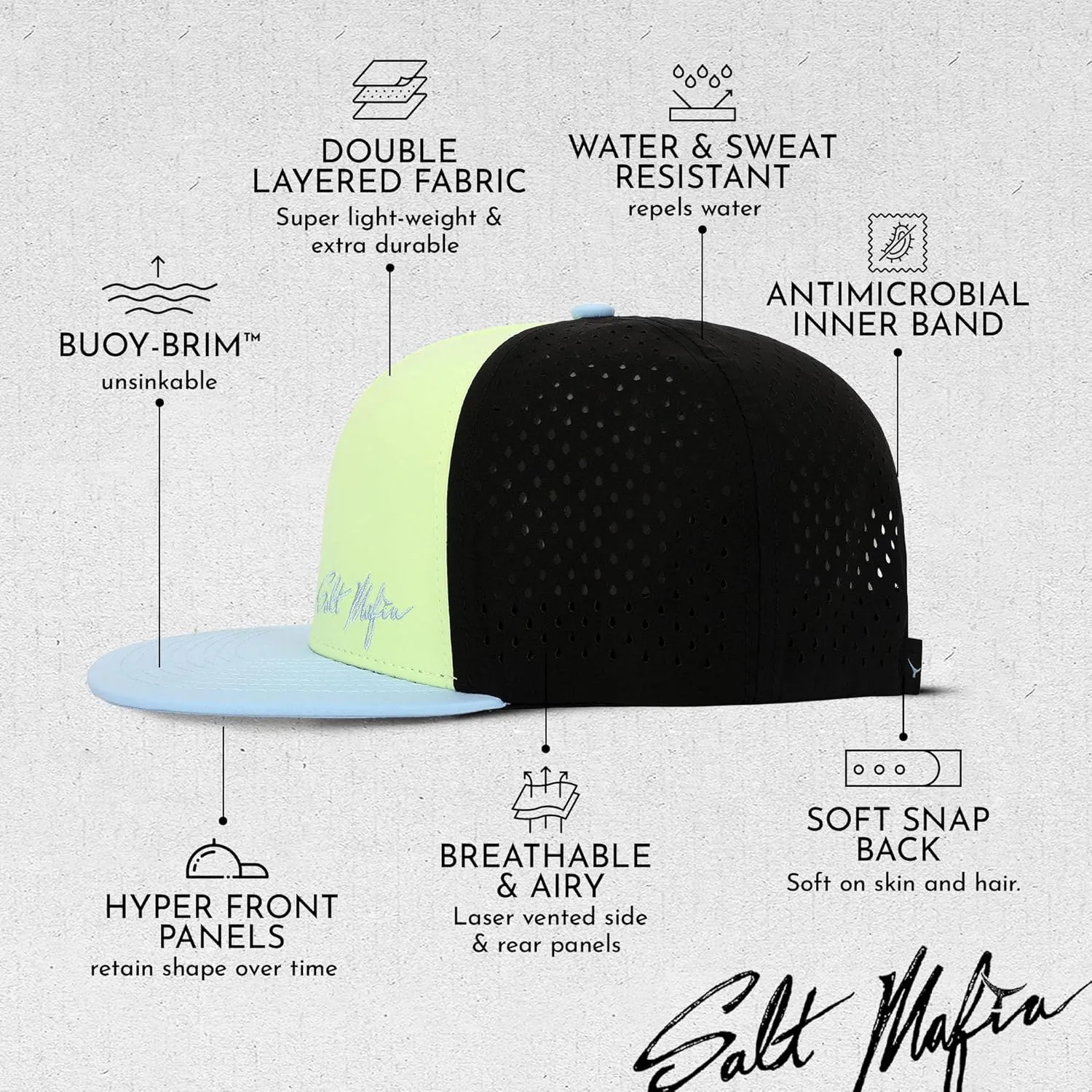 Salt Mafia Flat Brim Waterproof Hats for Men - Performance Snapback Surfer Hat