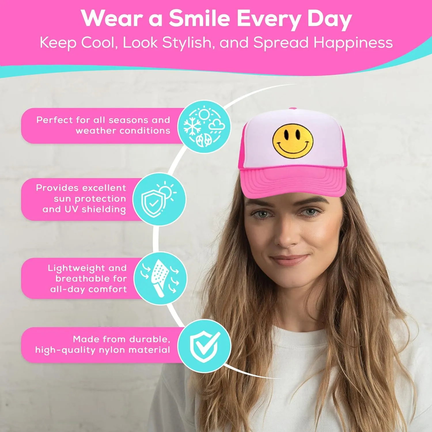 Smile Face Trucker Hat, Trendy Cute Preppy Smile Yellow Emoji Patch Embroidered Baseball Cap Snapback Hat, One Size, Women
