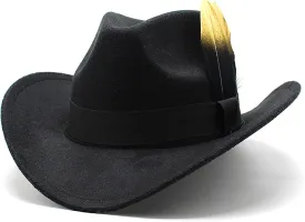 Western Cowboy Fedora Hats for Women Men Classic Wide Brim Outback Felt Hat with Feather Decor