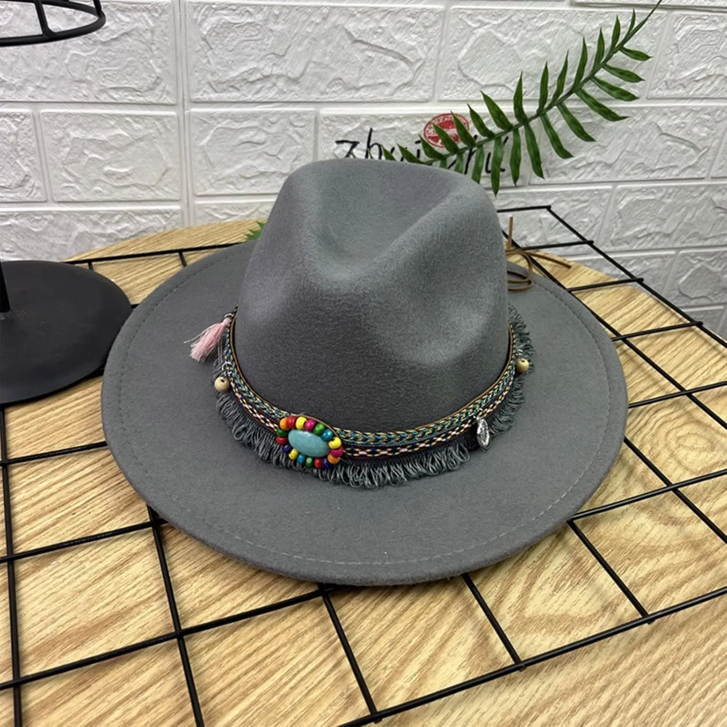 Women Men Vintage Wide Brim Warm Wool Fedora Hat Belt Panama Hat Solid Fall Winter Jazz Hat