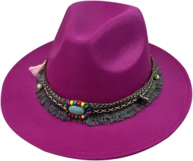 Women Men Vintage Wide Brim Warm Wool Fedora Hat Belt Panama Hat Solid Fall Winter Jazz Hat