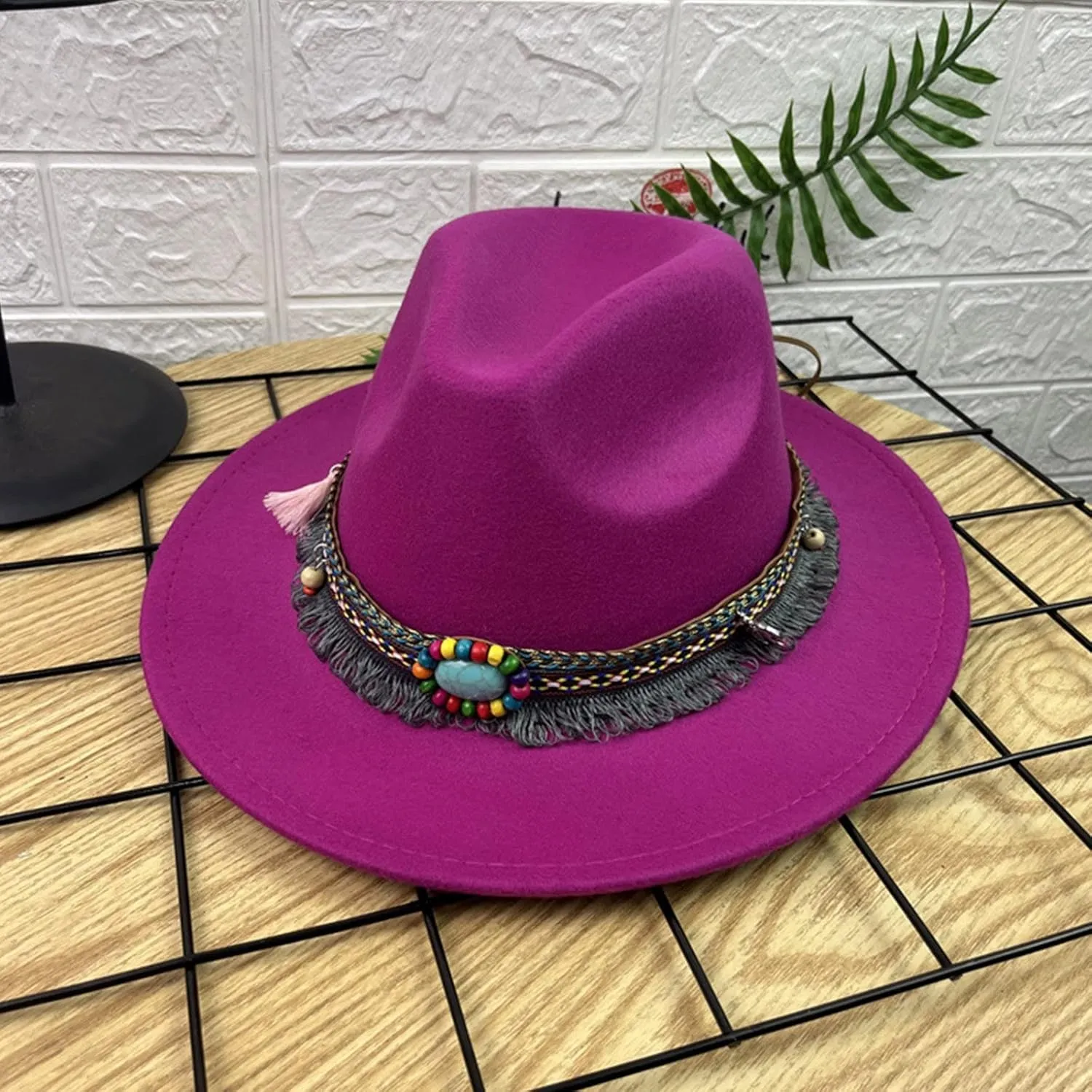 Women Men Vintage Wide Brim Warm Wool Fedora Hat Belt Panama Hat Solid Fall Winter Jazz Hat