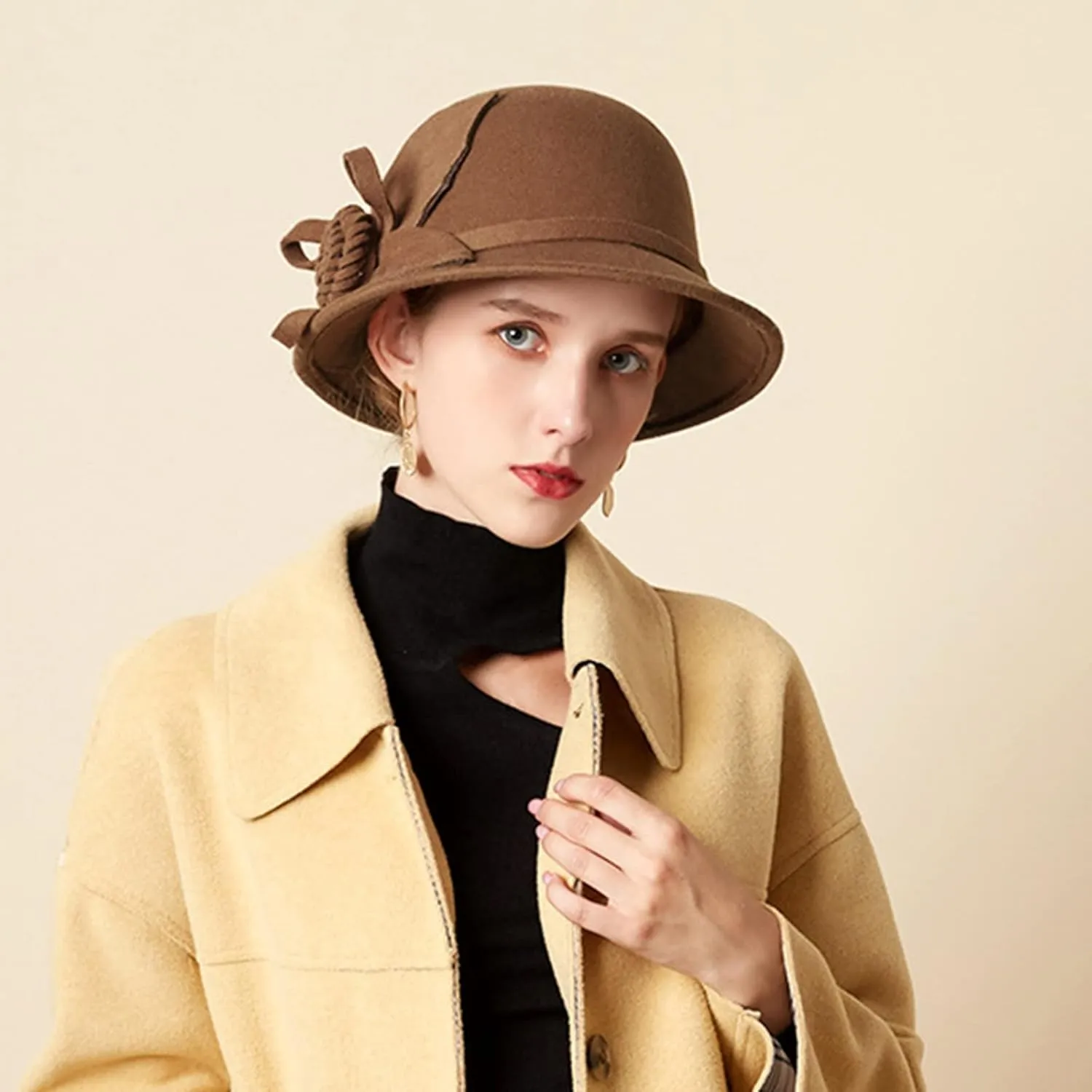 Women Solid Color Winter Hat Wool Cloche Bucket with Bow Women's Imitation Wool Fel Flowers Church Bowler Hats