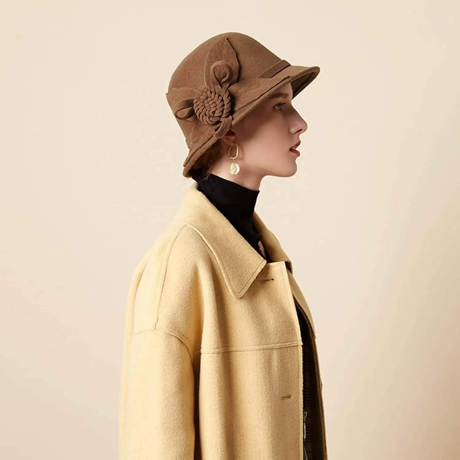 Women Solid Color Winter Hat Wool Cloche Bucket with Bow Women's Imitation Wool Fel Flowers Church Bowler Hats