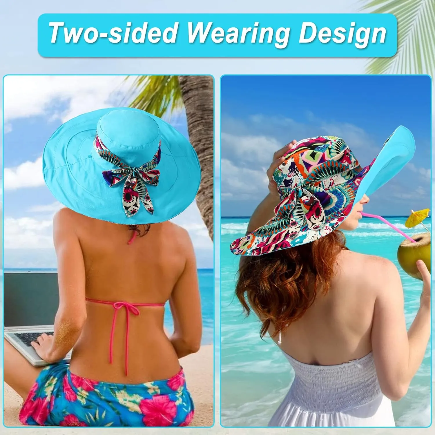 Womens Beach Hat Floppy Reversible Big Sun Hat Wide Brim Fedora SPF Hat UPF 50 