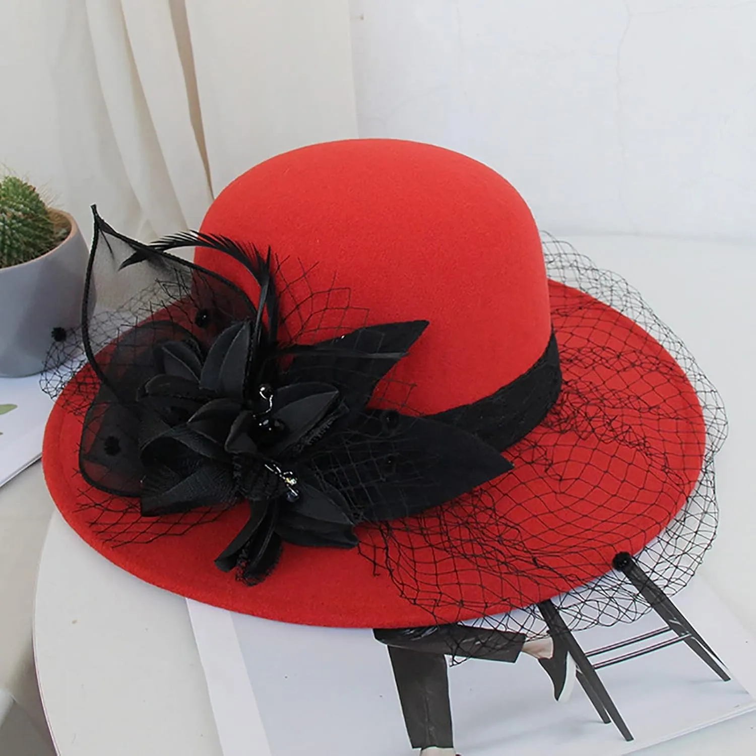 Women's Imitation Wool Fel Flowers Church Bowler Hats Women Solid Color Winter Hat Wool Cloche Bucket with Bow